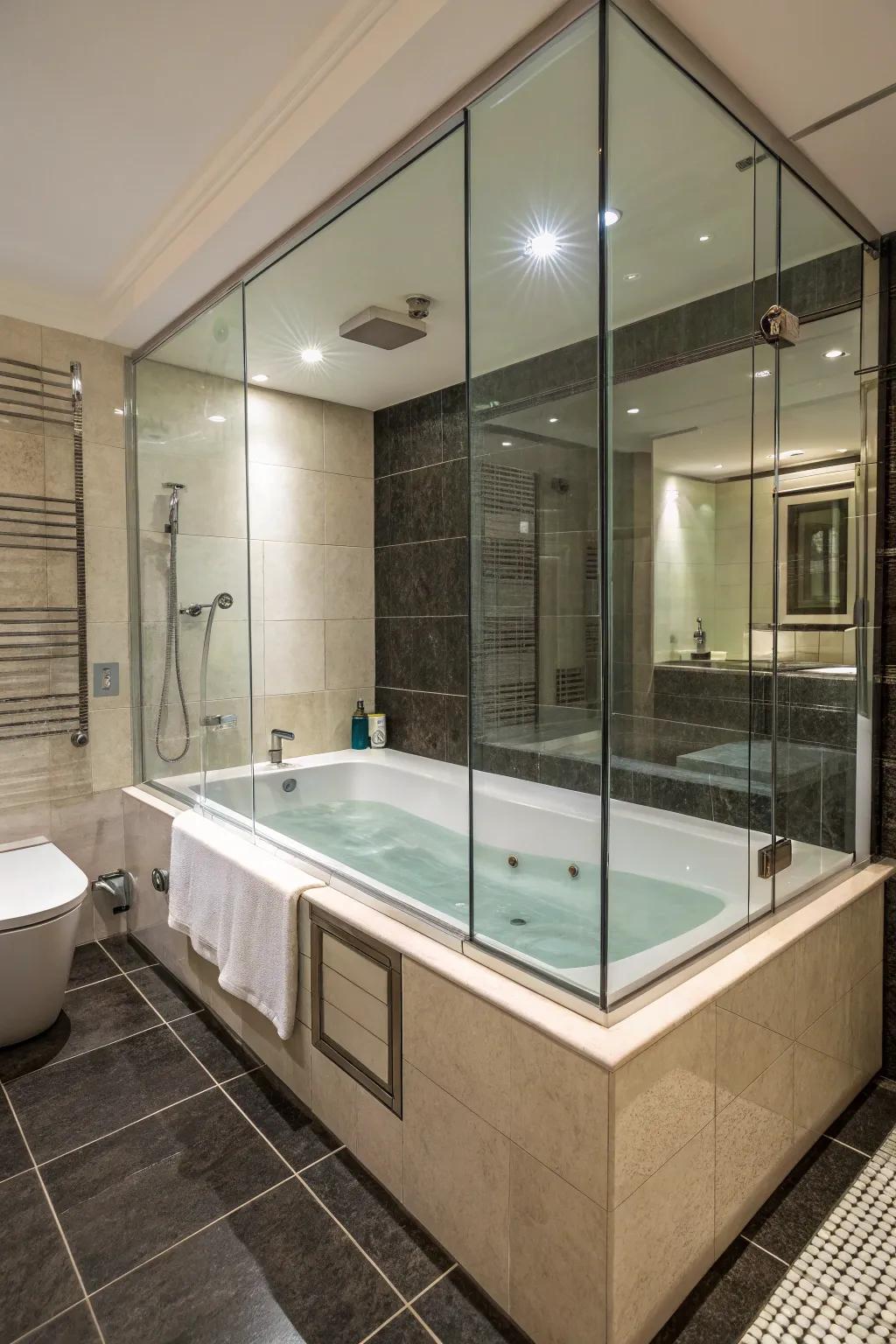 Glass walls provide a modern and open feel in the bathroom.