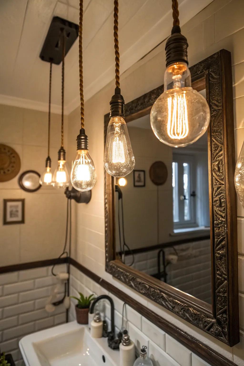 Retro bulbs contribute nostalgic charm to bathroom illumination.