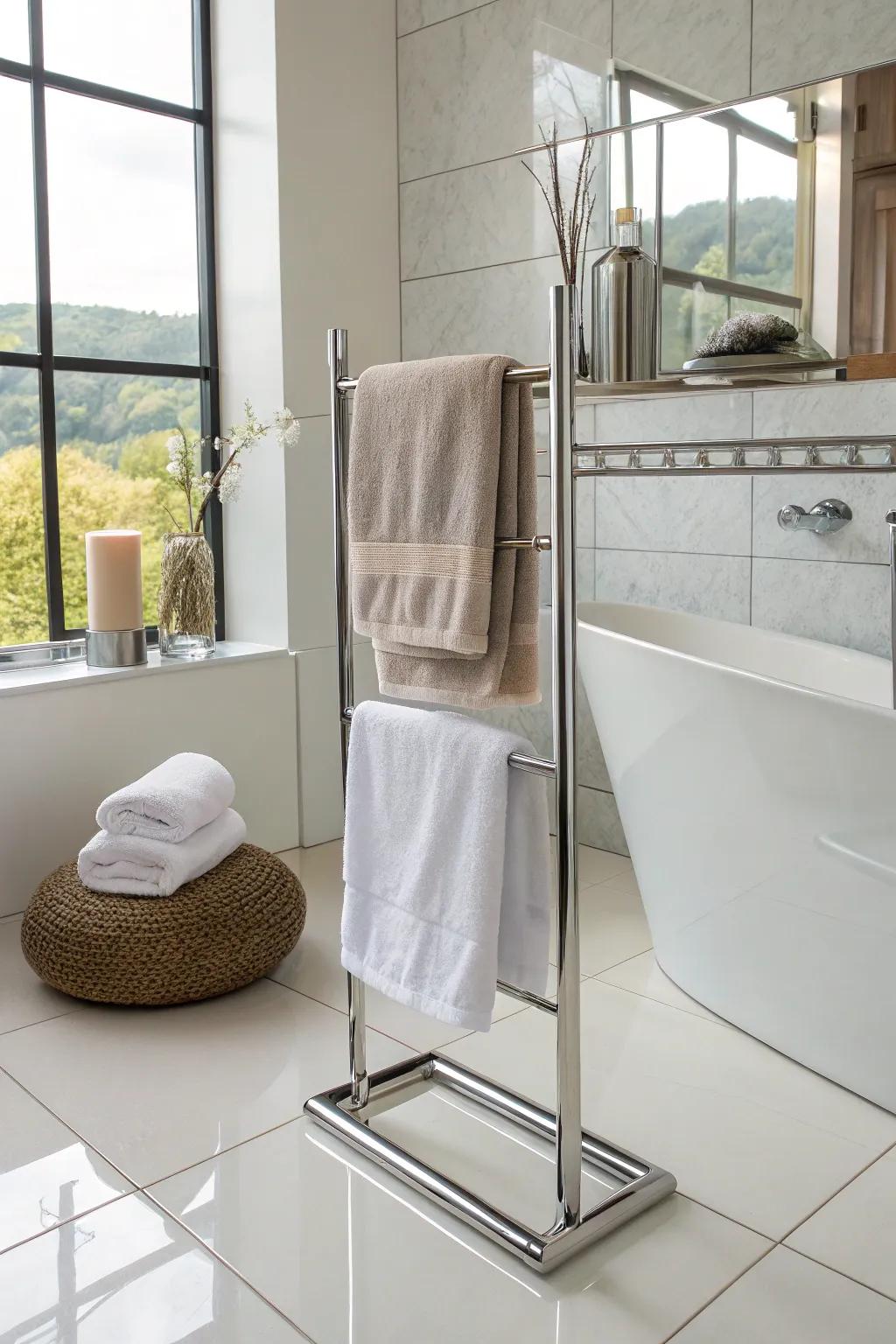 Self-supporting towel stands add a luxurious feel to towel keeping.