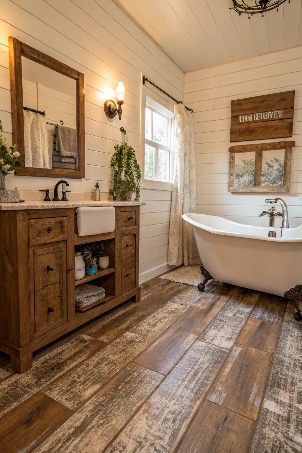 Distressed wood-look floor covering adds rustic charm to this country-inspired bathroom.