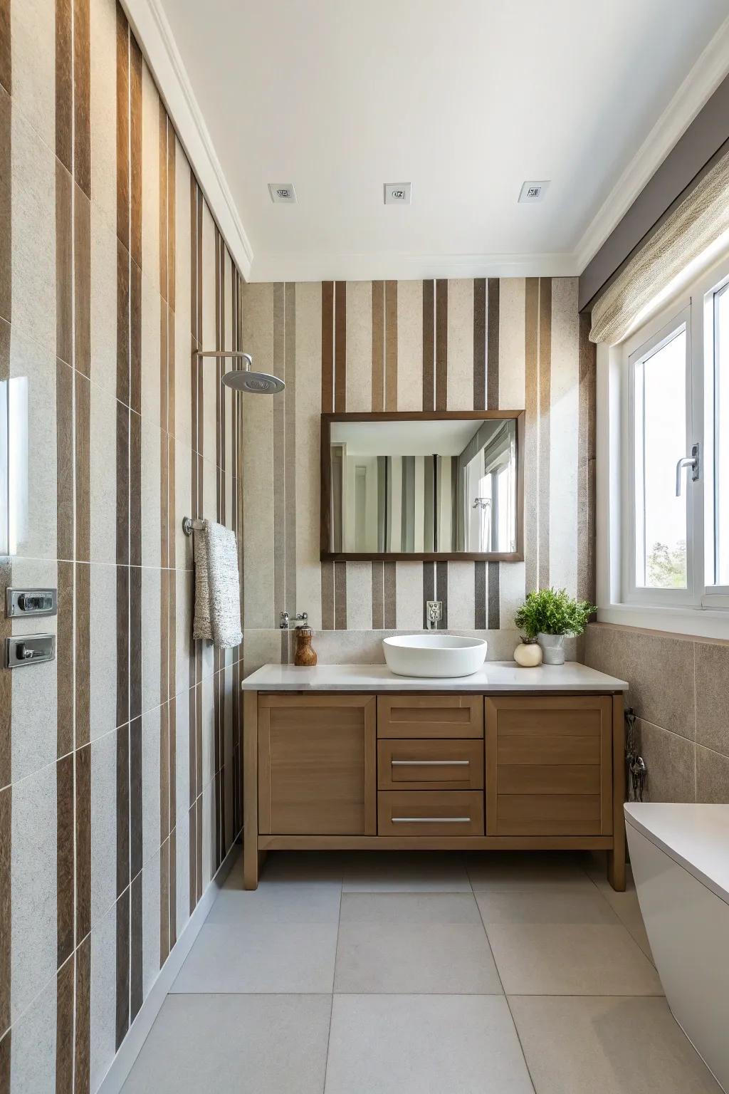 Vertical patterns contribute height and proportion to restroom walls.