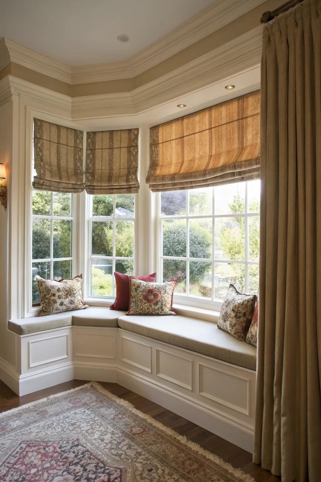 Roman screens offer elegance and privacy to your bay window.