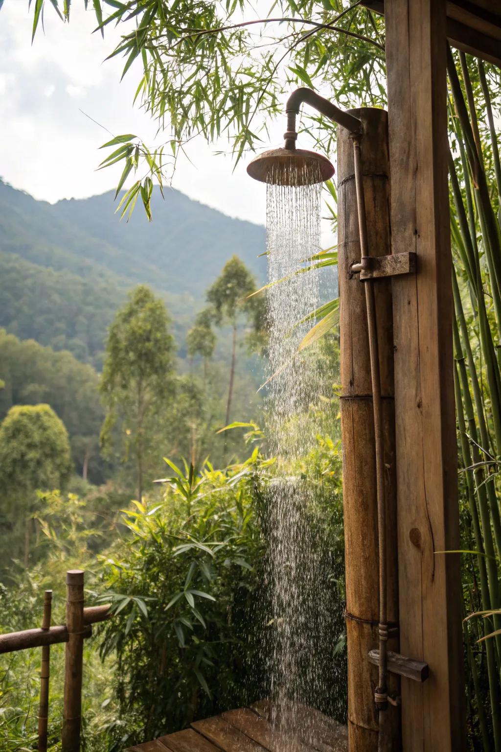 An outdoor shower provides a luxurious and refreshing backyard experience.