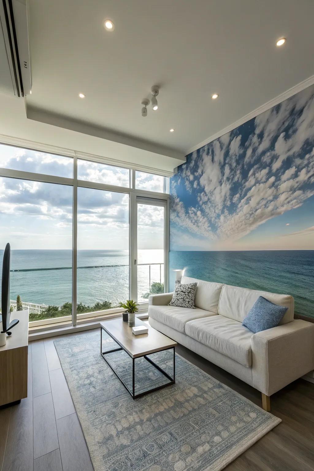 Enlarge your space with horizon-themed wallpaper for an expansive vista.