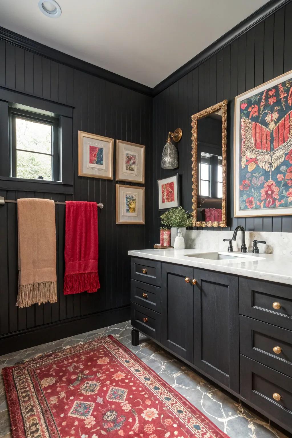 Deep decorative panels produce an audacious, dramatic ambiance.