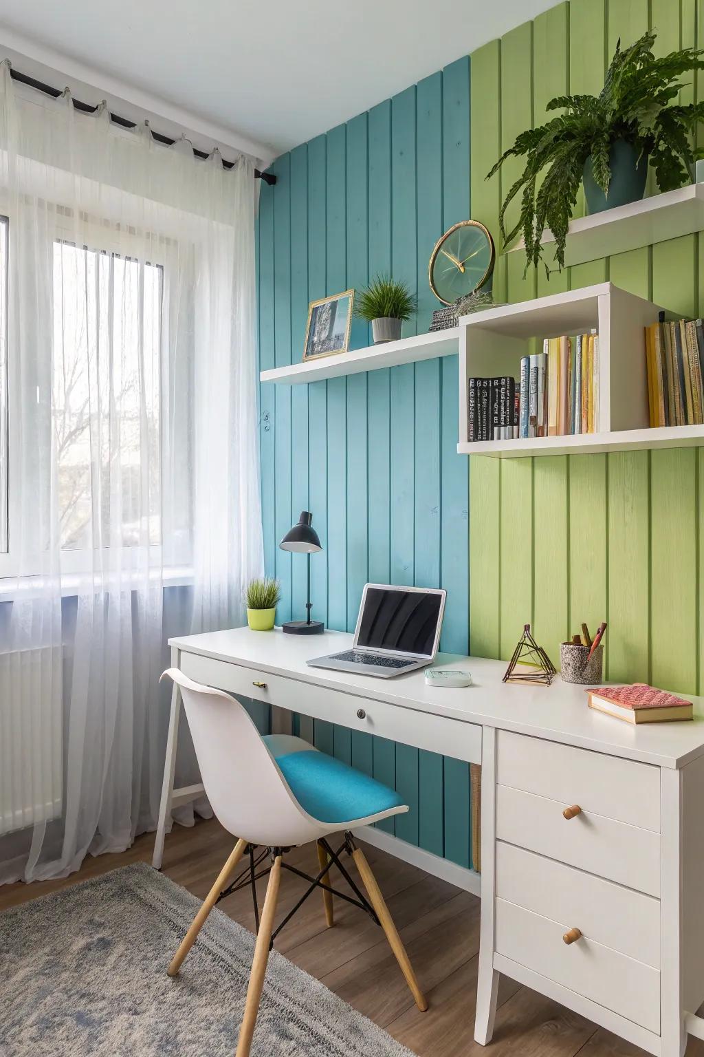 An eclectic office space with vibrant planking walls.