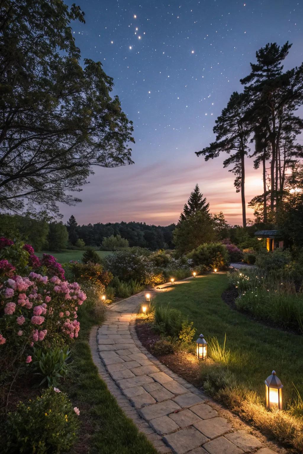 A garden path beautifully illuminated with solar lights at twilight.