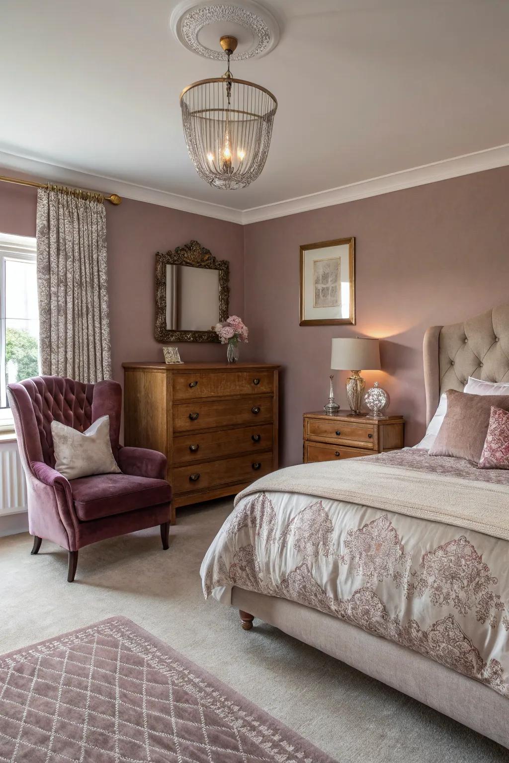 Soft rose introduces warmth and charm to this elegant slumber space.