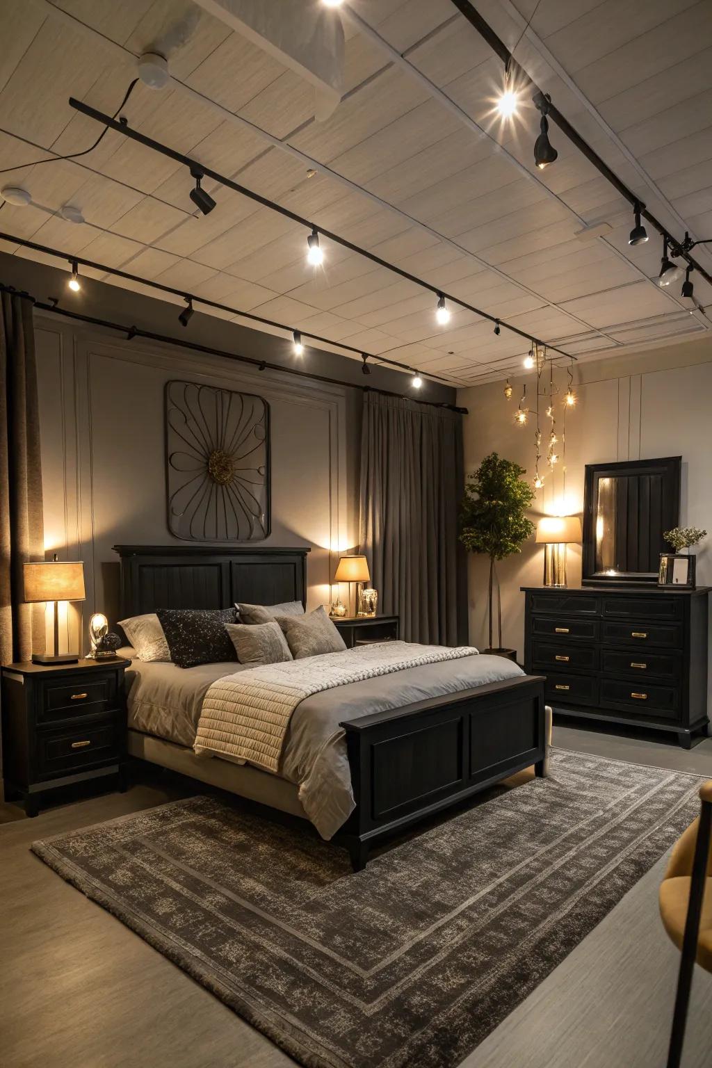 Strategic lighting accentuates the features of black furniture, creating a warm ambiance.