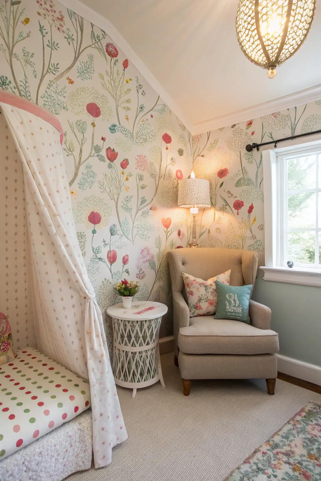 Playful paneling turns this bedroom nook into a mesmerizing room.