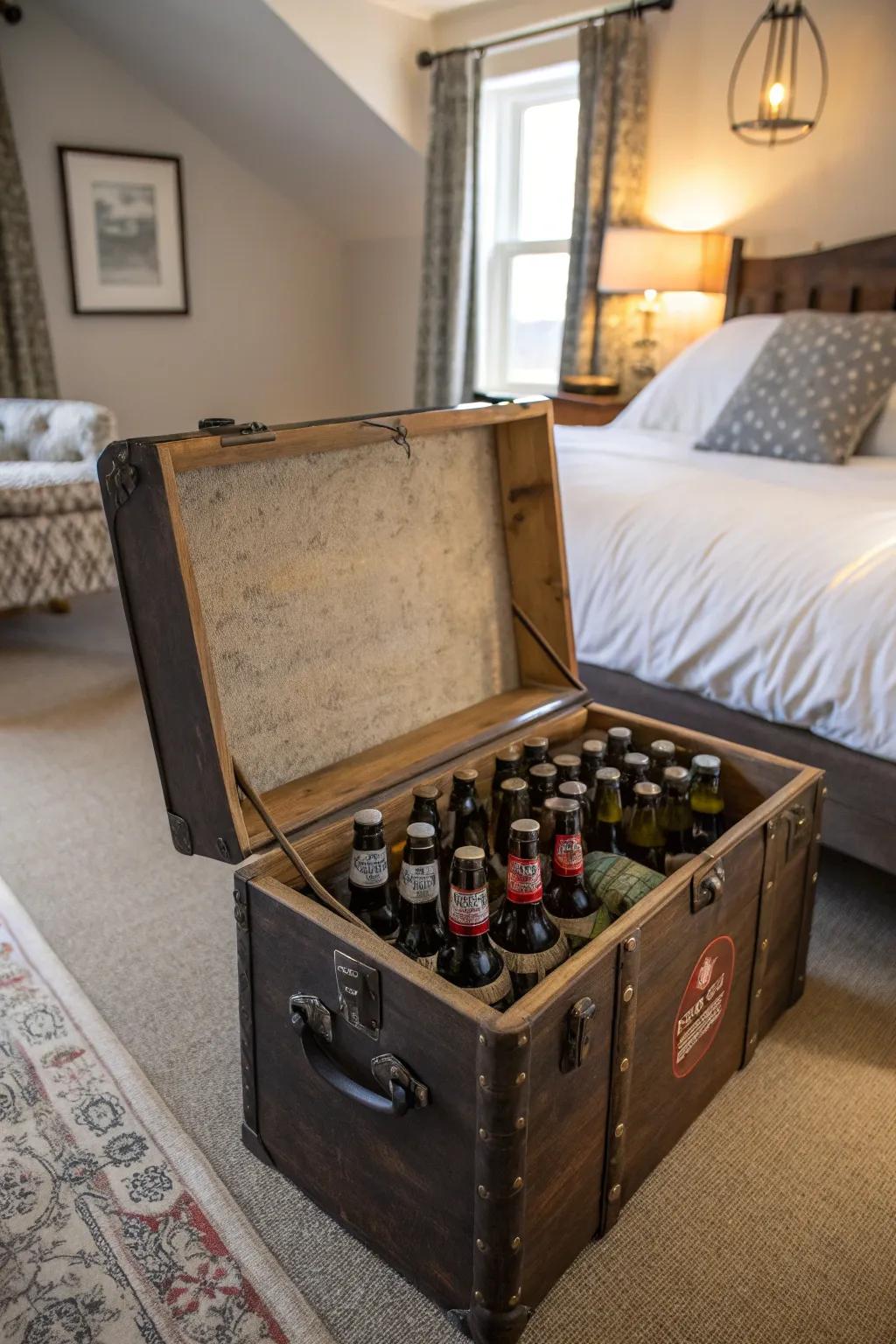 An old trunk in the bedroom storing brew bottles, adding old charm.
