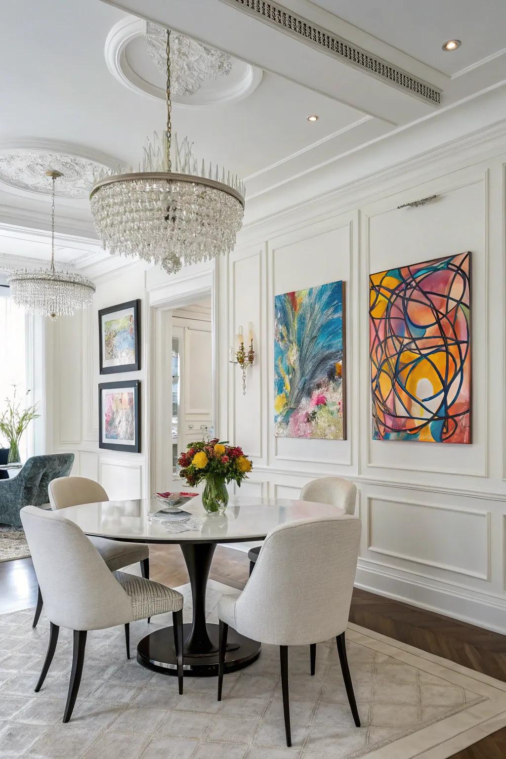 Vibrant artwork is highlighted by fresh white walls in your dining room.