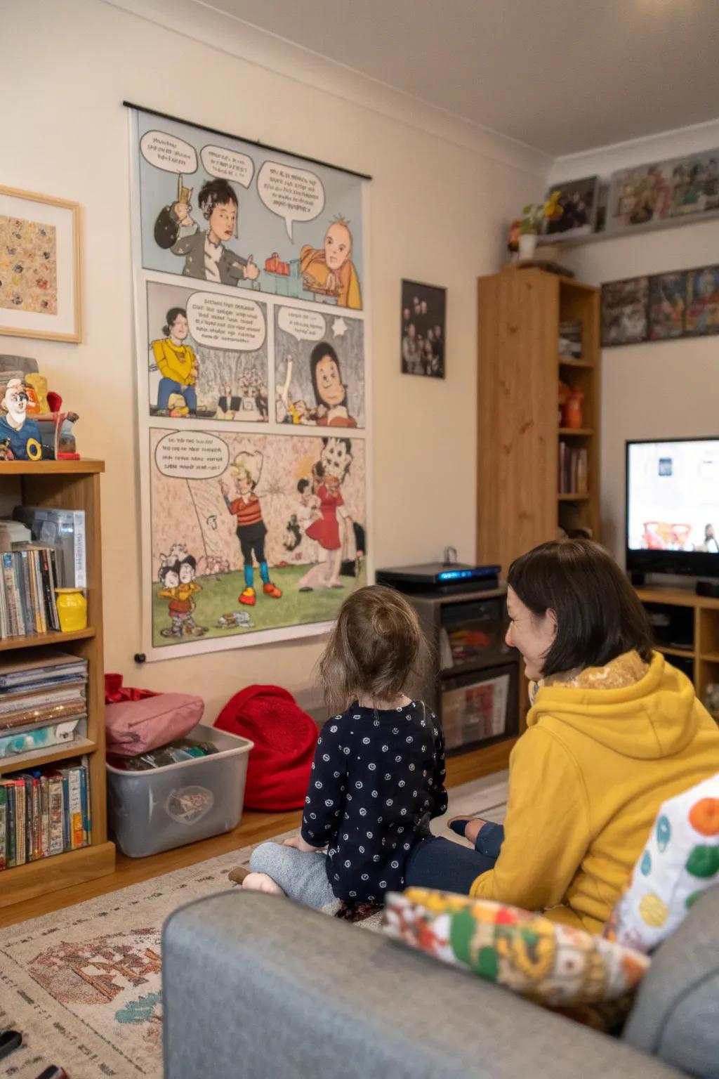 A sequential art poster captures a humorous friendship moment in a family room.