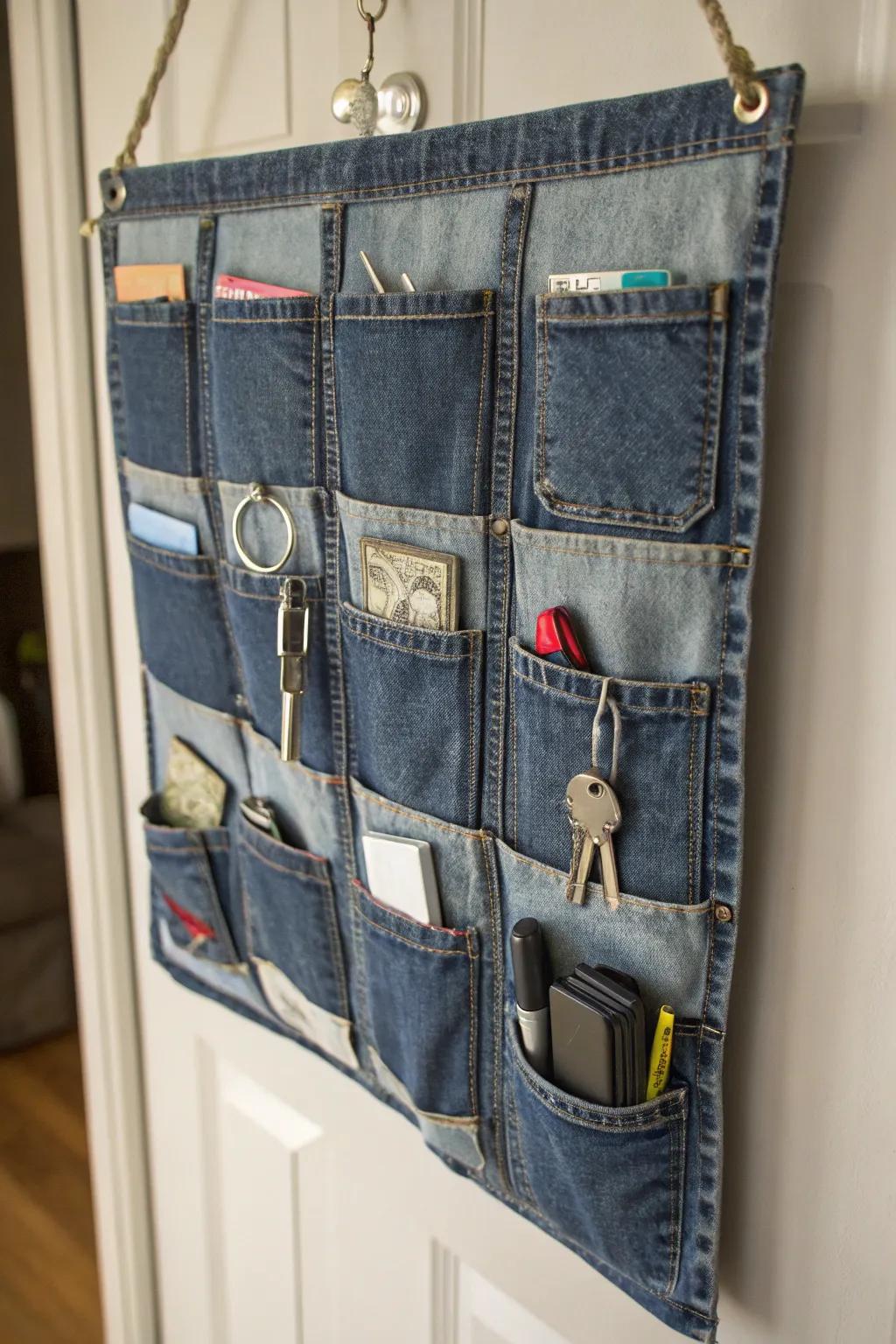Orchestrate employing denim pouch organizers.