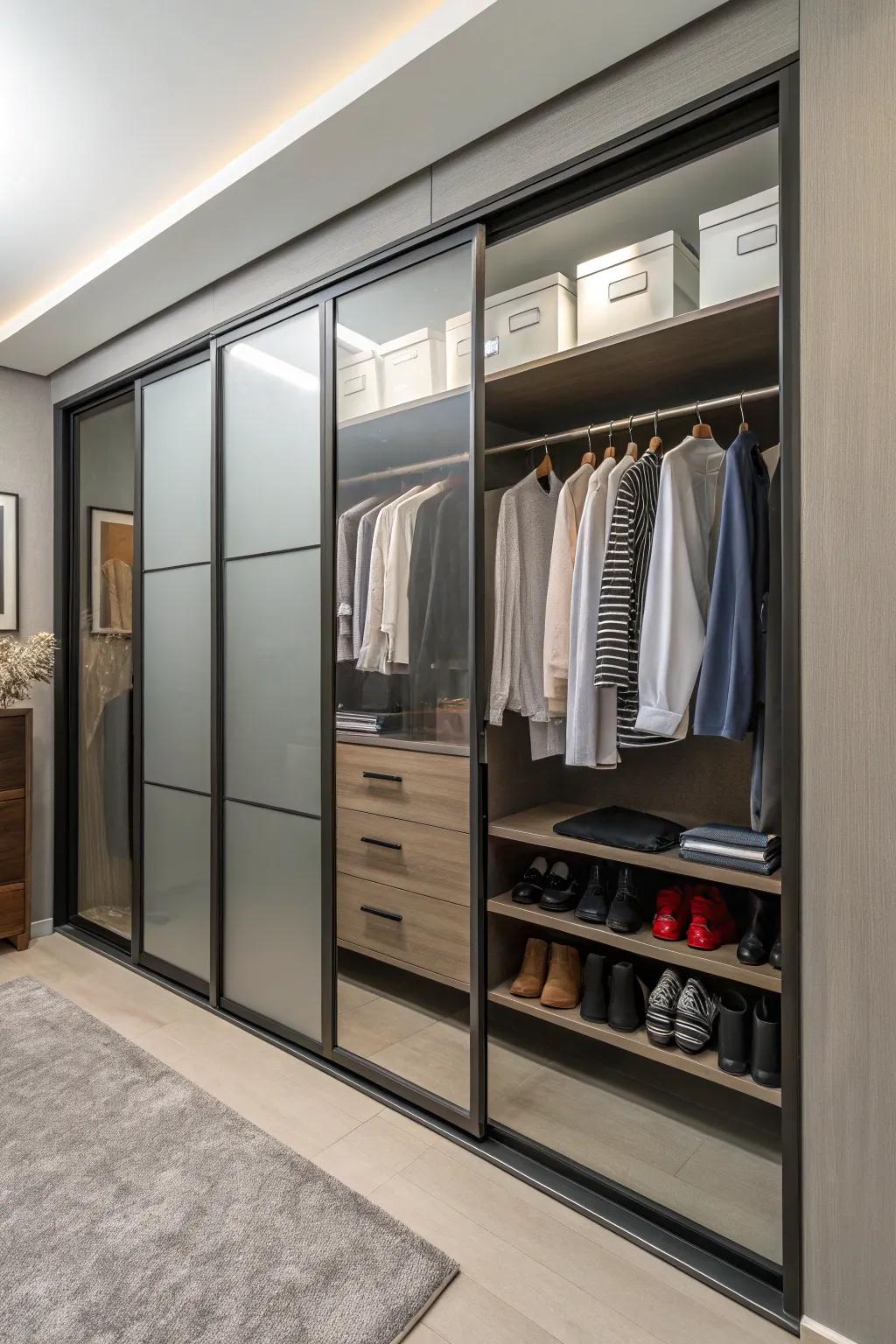 A closet featuring refined sliding doors that maximize space.