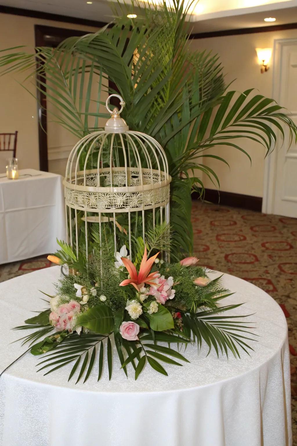 A tropical-themed <strong><em>bird enclosure</em></strong> centerpiece filled with lush greenery.” loading=”lazy” class=”pimg”>
	</picture><figcaption>A tropical-themed <strong><em>bird enclosure</em></strong> centerpiece filled with lush greenery.</figcaption></figure>
<p>Add a tropical flair using <strong>palm leaves and exotic flowers</strong> within your <strong><em>bird enclosure</em></strong>. This concept brings a warm, vacation-like vibe to any area.</p>
<h3>Consider these options:</h3>
<ul class=