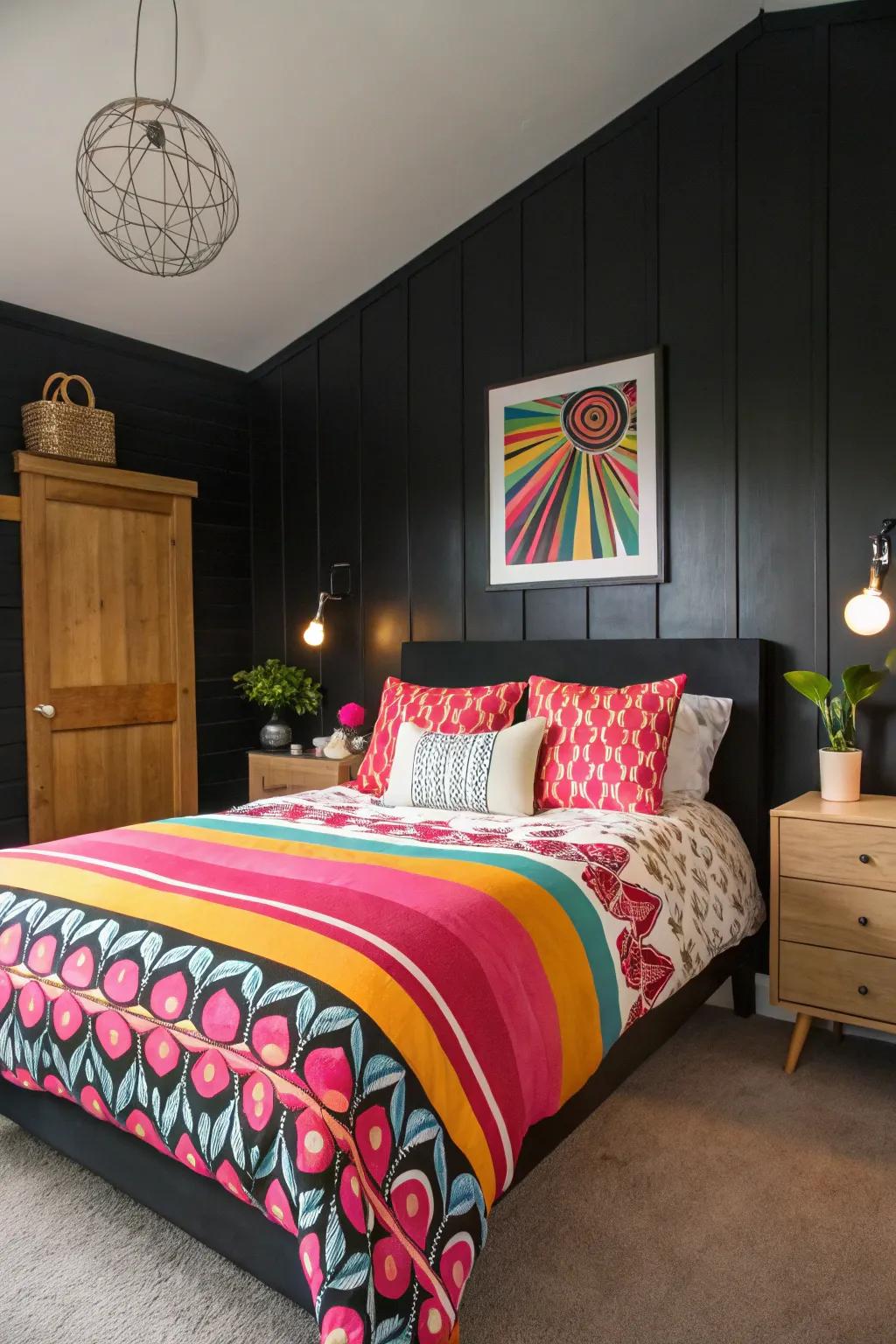 Bold bedding adds vibrancy to a black accent wall in this bedroom.