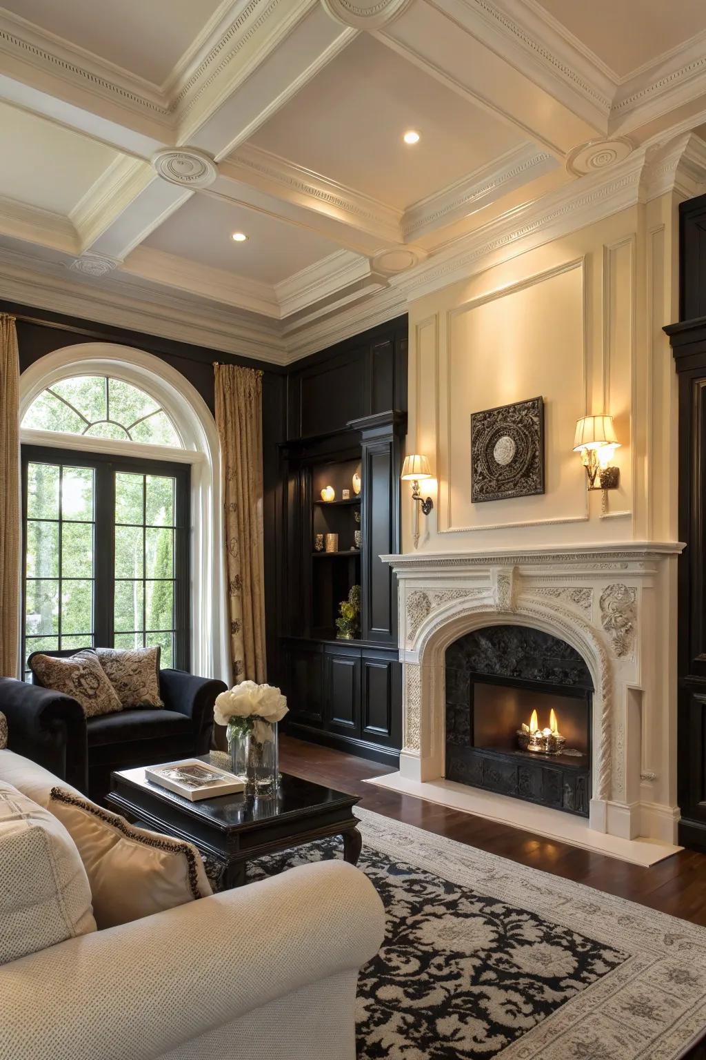 Architectural elements painted in black create depth in the cream living room.