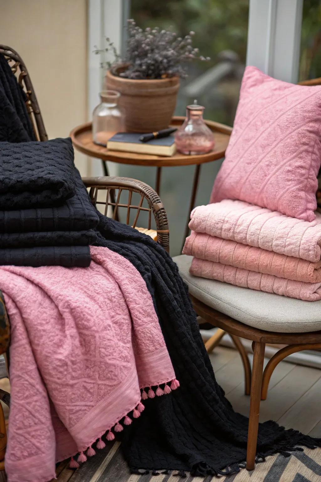 Layered textiles create a cozy and inviting corner in the room.