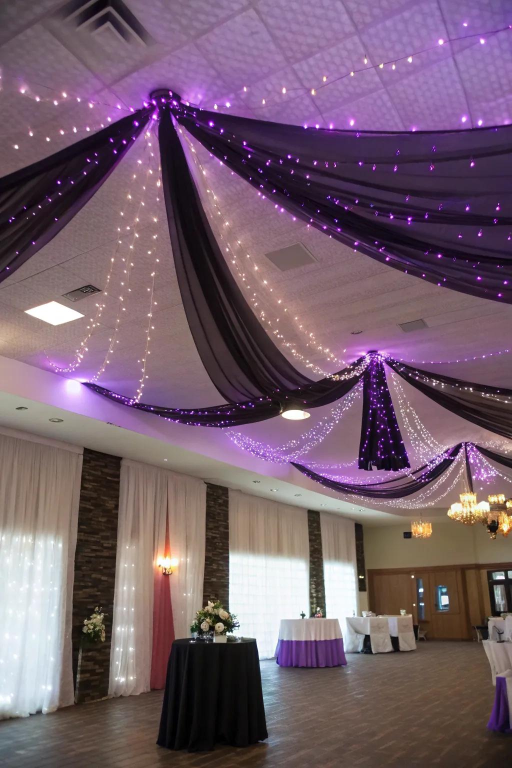 Whimsical ceiling decor with purple fairy lights.