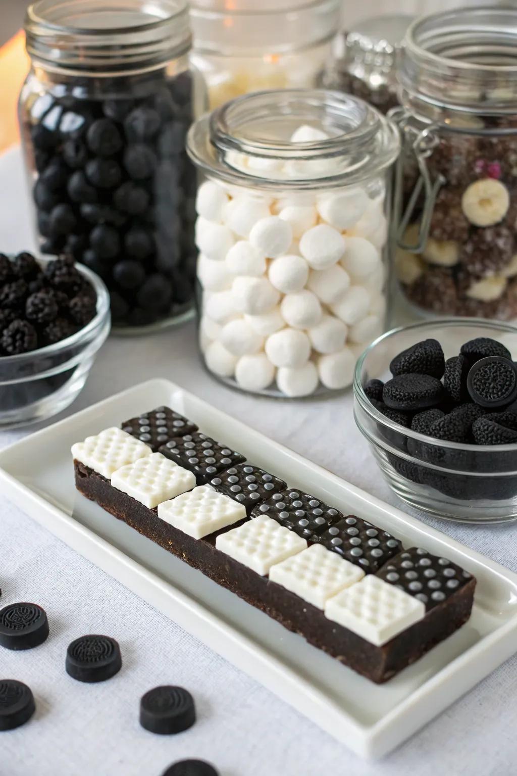 A monochromatic confection stand delights attendees featuring sweet treats.