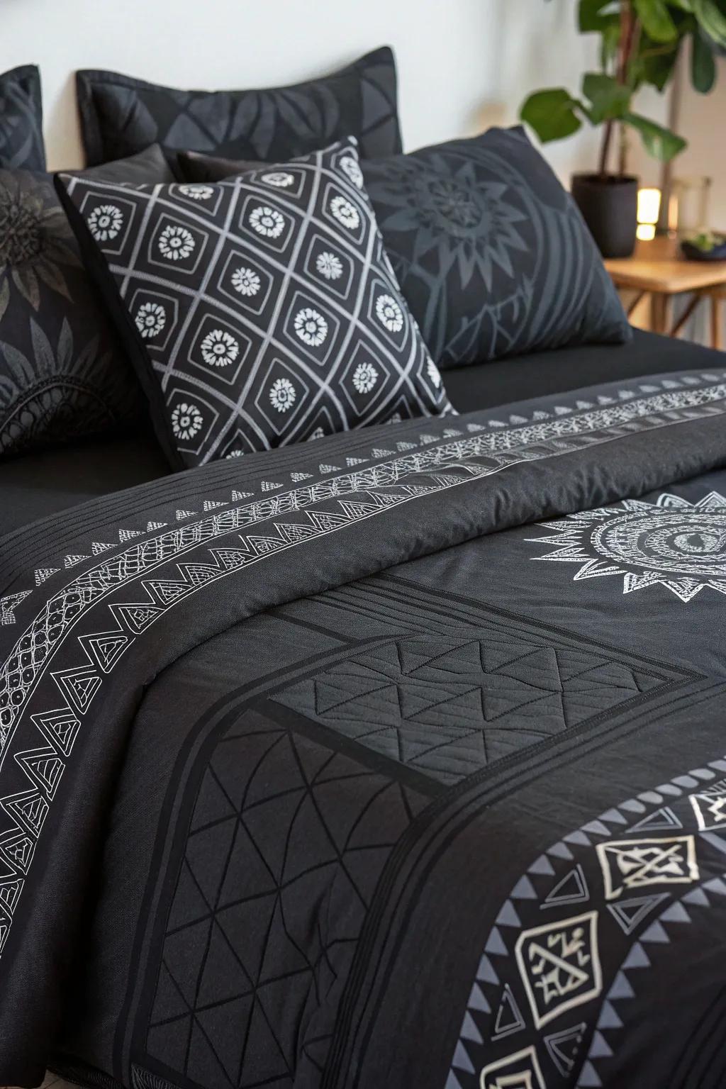 Adding style with patterned black bedding.