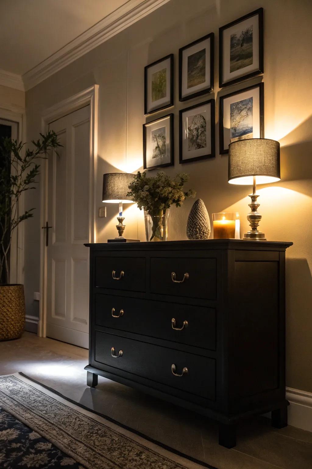An ebony chest elegantly highlighted by warm accent lighting.