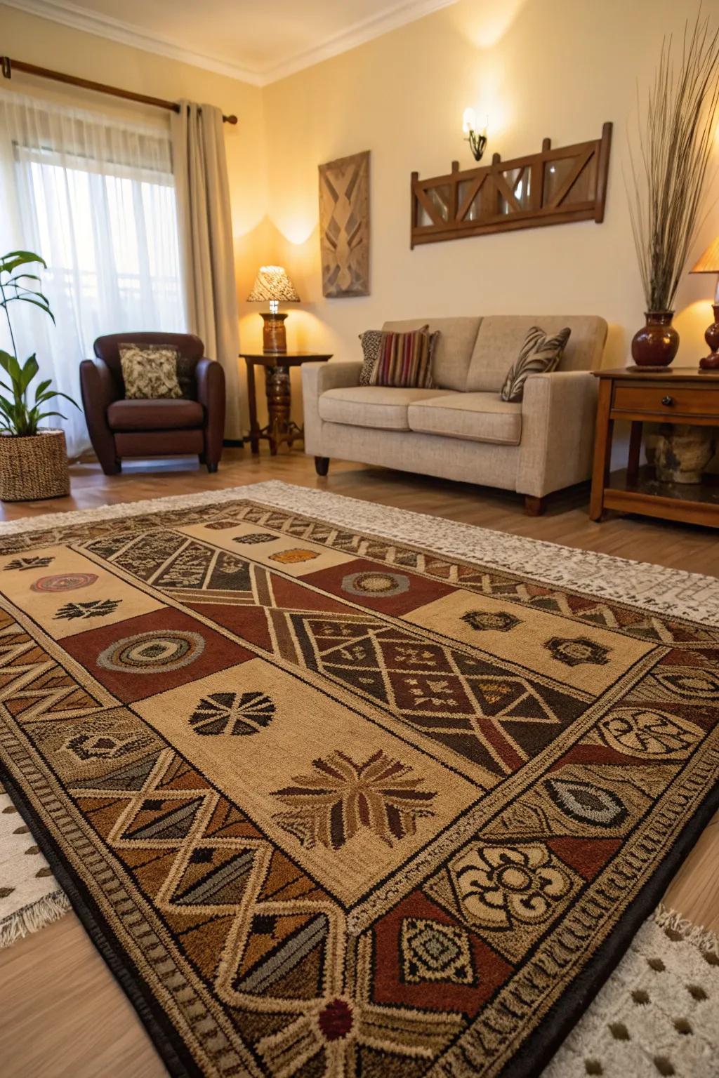 A rug featuring African patterns adds warmth and style to the floor.