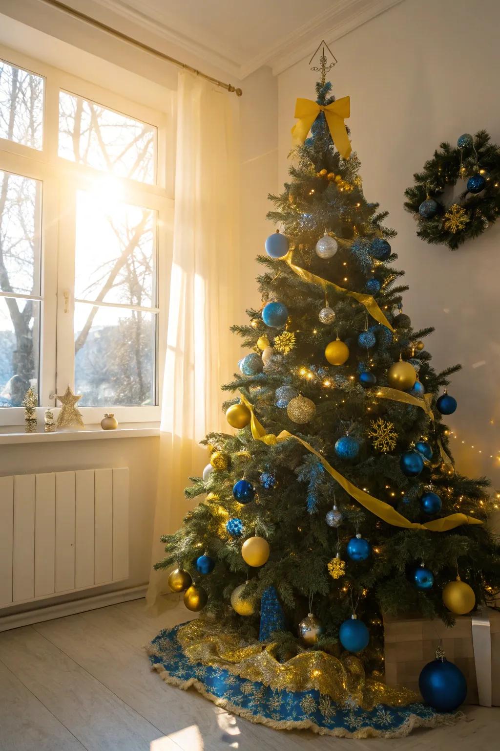 A cheerful blue and gold Christmas tree.