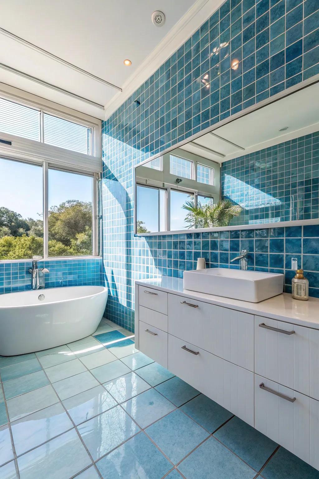 Reflective crystal tiles enhance radiance and area in your bathroom.