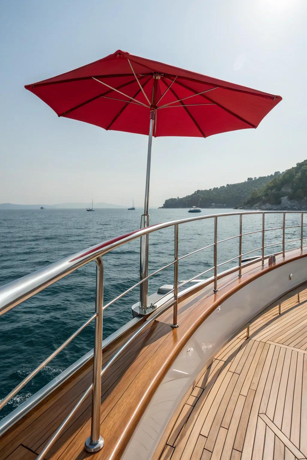 Enhance your boat experiences with a stylish rail-mounted umbrella.