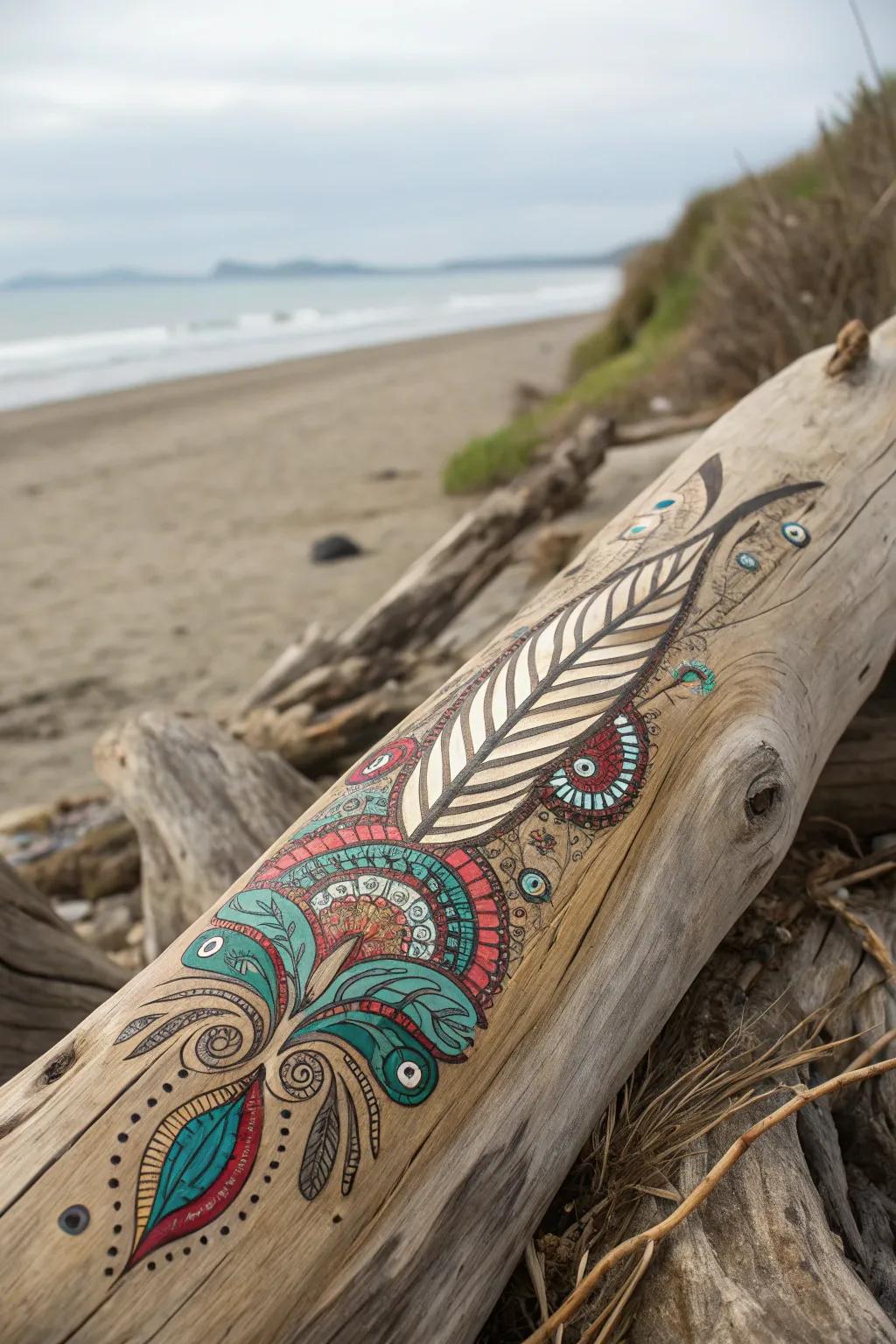 A boho painting that combines the organic beauty of coastal wood with artistic designs.