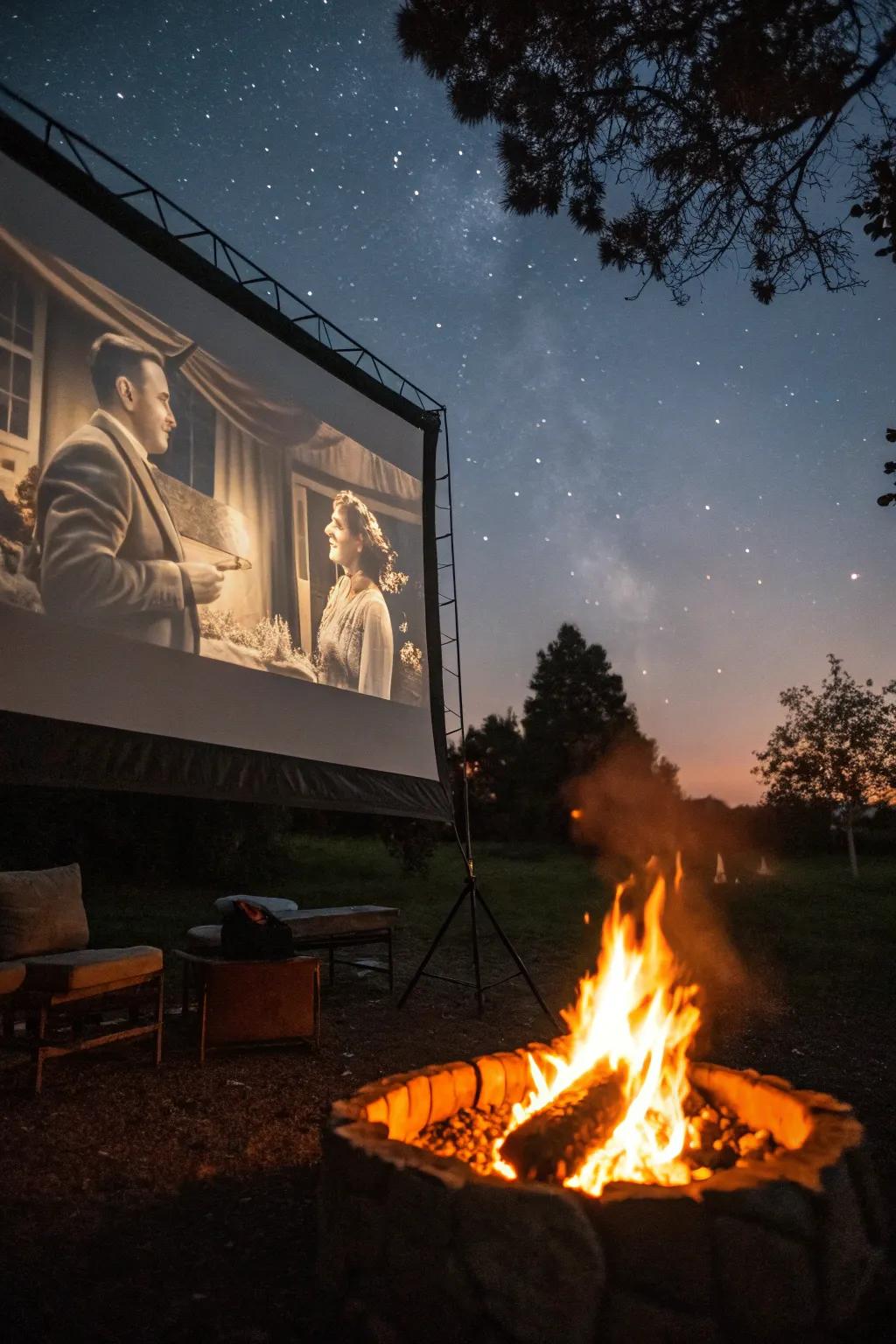 An outdoor cinema experience adjacent to the bonfire.