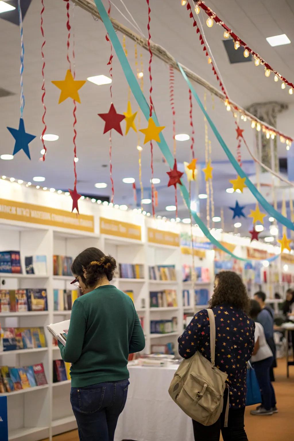 Celebratory ceiling decorations fashion a festive atmosphere.