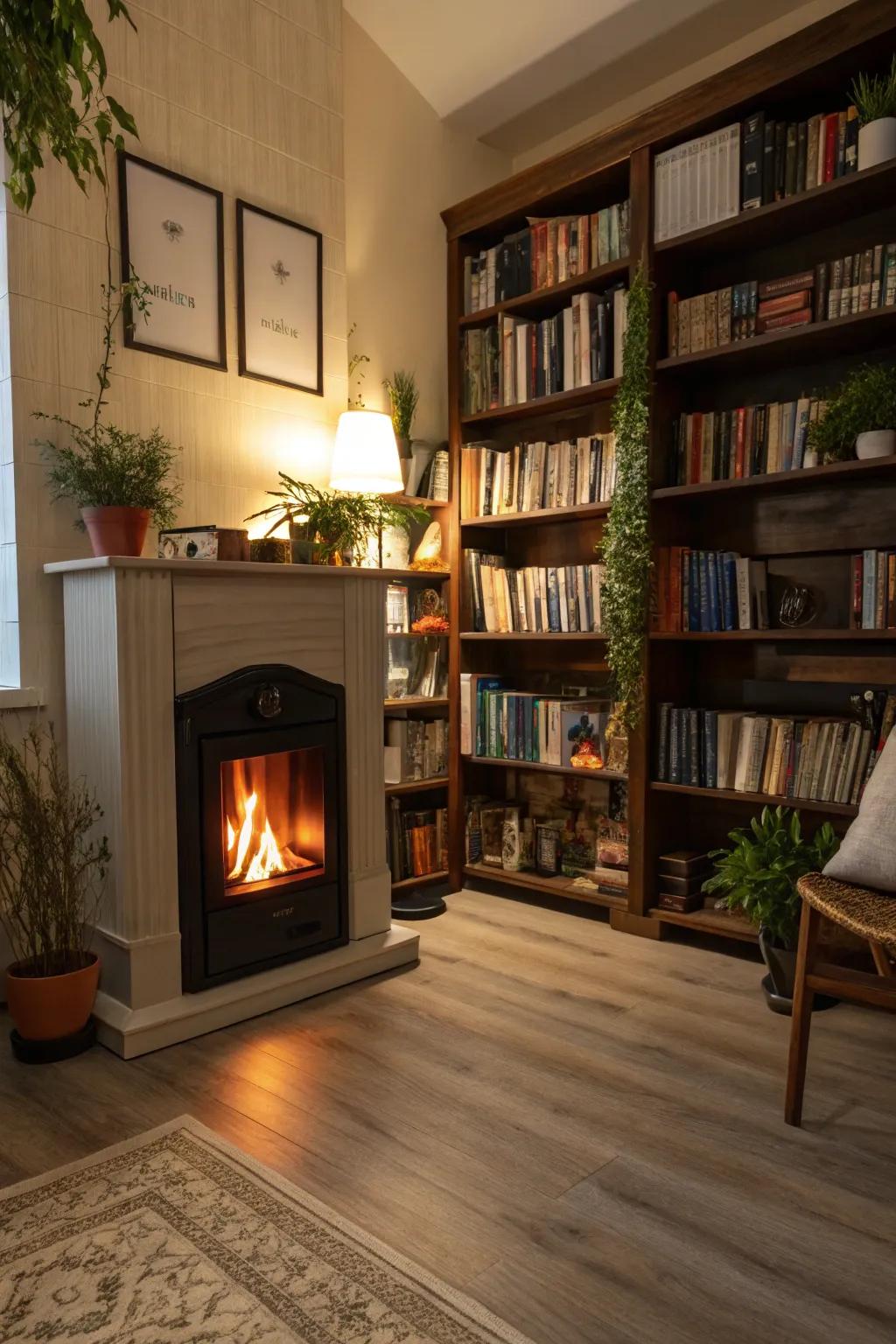 A fireplace adds warmth and coziness to the reading space.