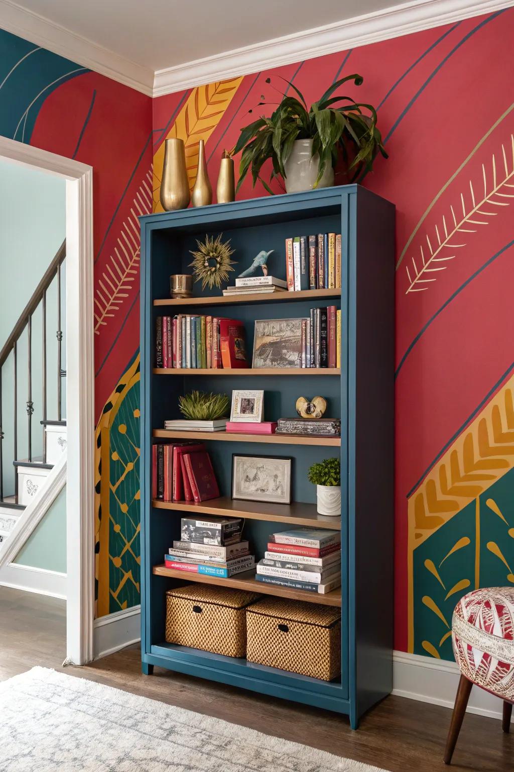 Make a statement using a vivid backdrop for your bookcase.