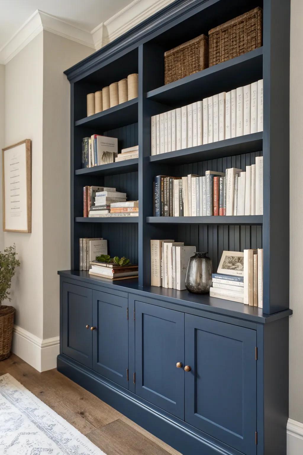 Monochromatic bookcases for a sophisticated appearance.