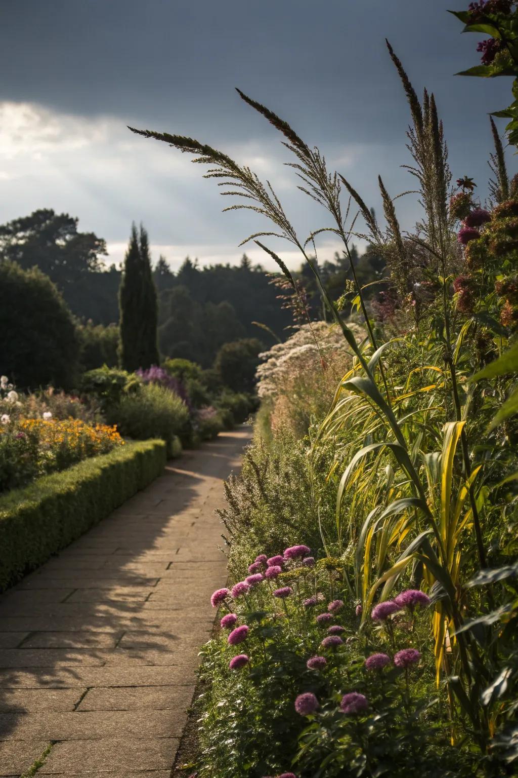 A dramatic garden border featuring tall Zenith Bamboo Shoots.