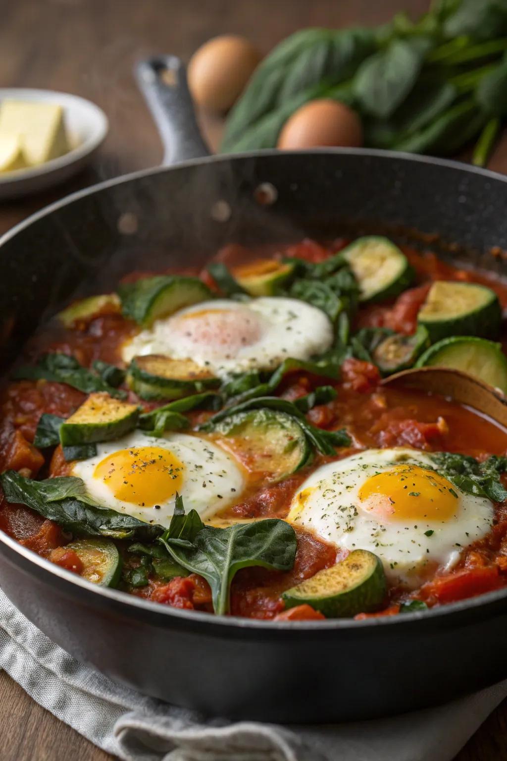 A veggie-packed shakshuka—begin your day with a flavorful breakfast.