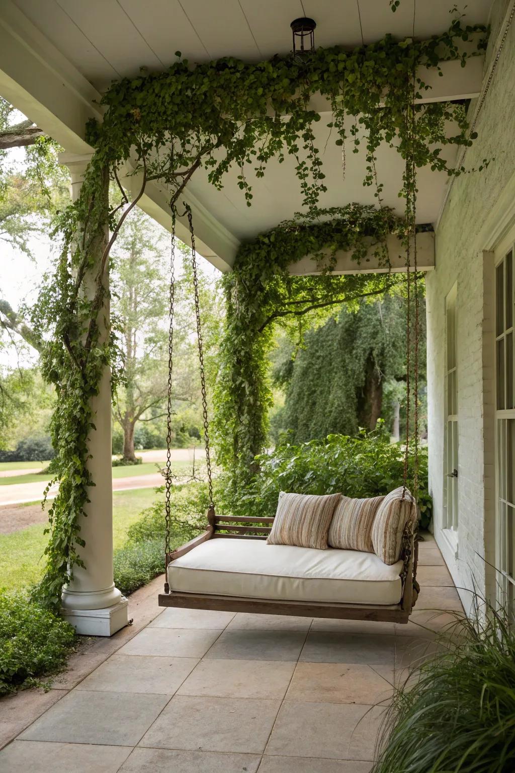 A cozy swinging daybed perfect for relaxing in the breezeway.