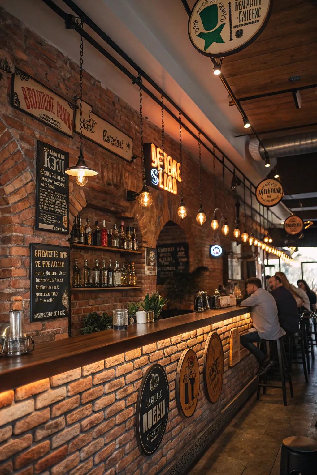 Ornamental signs enhance the individuality of a brick wall bar.