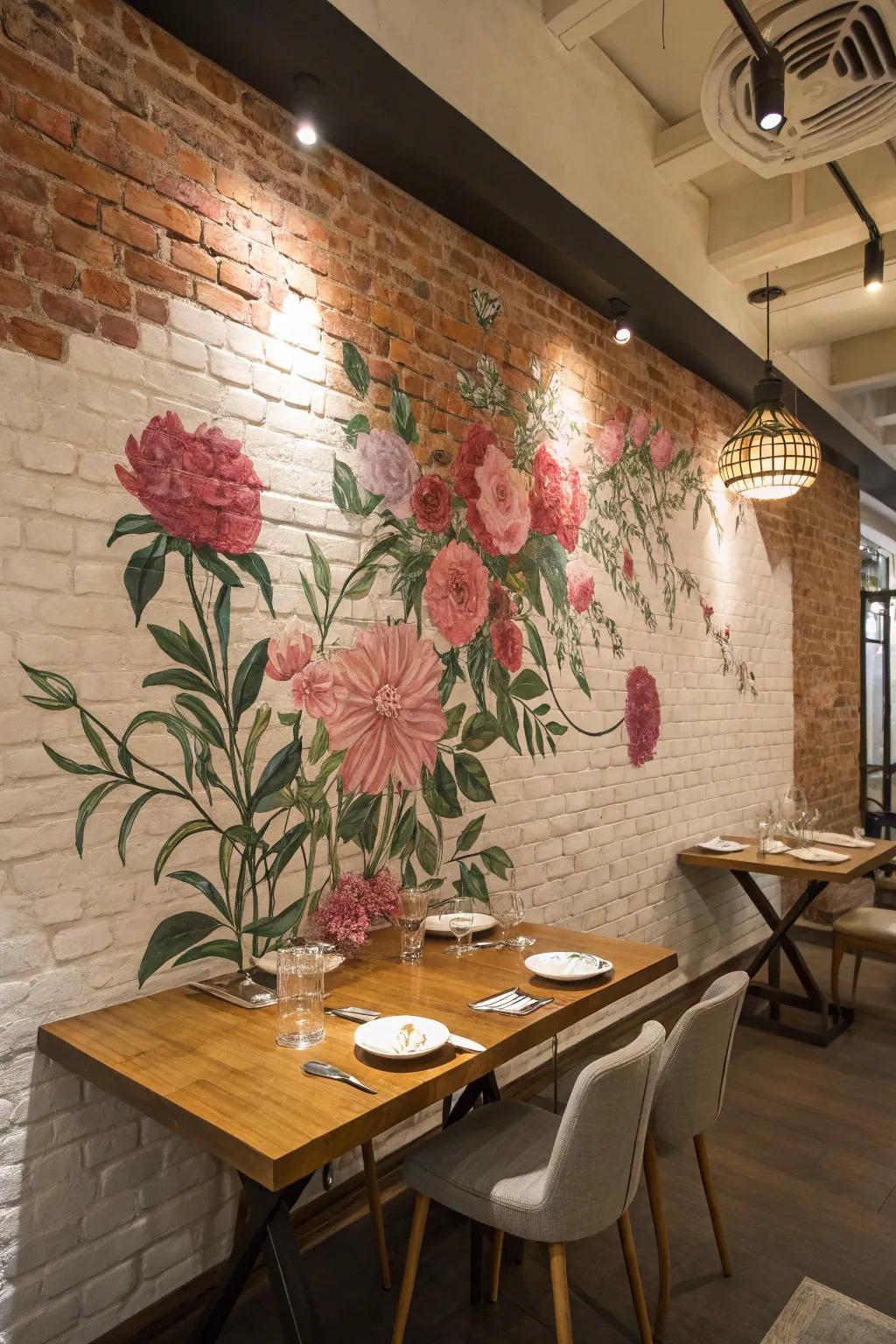 Botanical mural provides a softer tone while beautifying a brick wall.