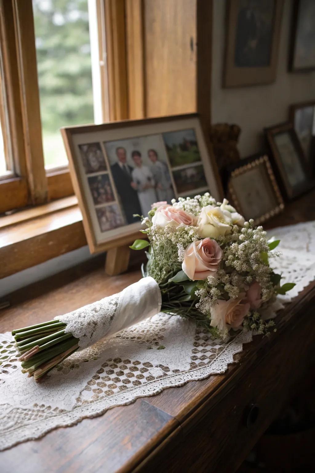 A shawl dressing appends a personal, sentimental element to bridal bouquets.