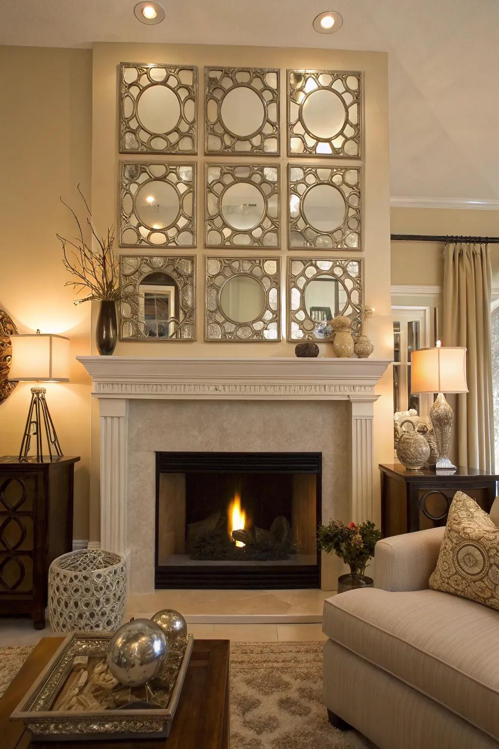 Mirror fireplace feature lends glamour to any hearth.