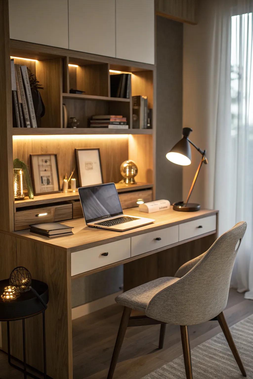 A fancy desk lit by built-in lights.