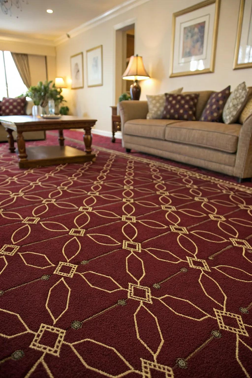 Geometric motifs on a scarlet floor covering present a modern sophistication.