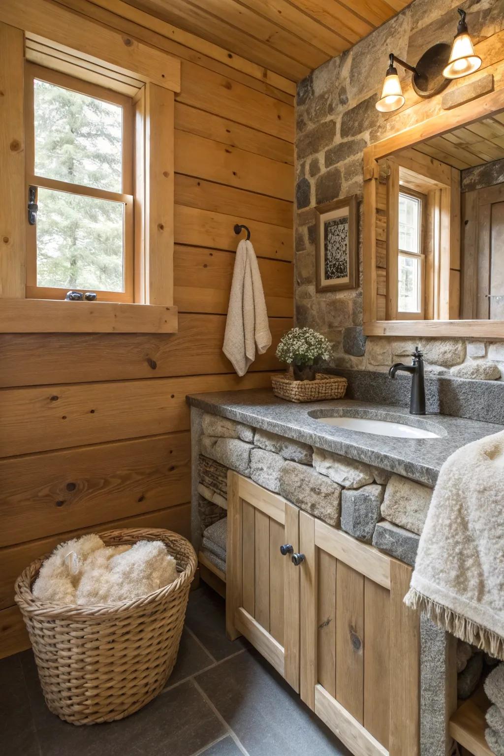 A log cabin washroom featuring a mix of textures to get visual interest.