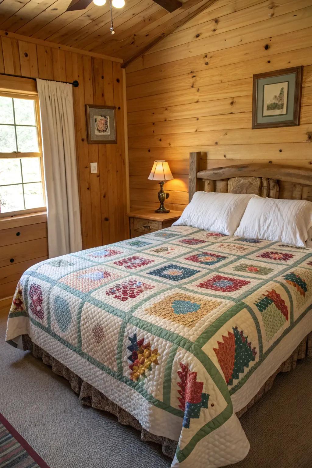 A cabin bedroom designed with a handmade stitched covering on the bed.