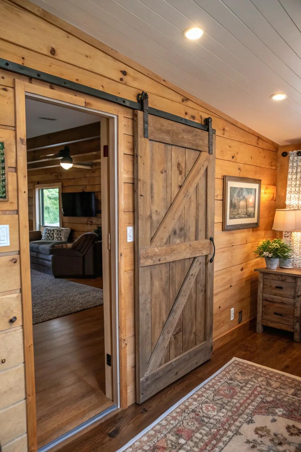 A rustic sliding barn door blends beauty with function.
