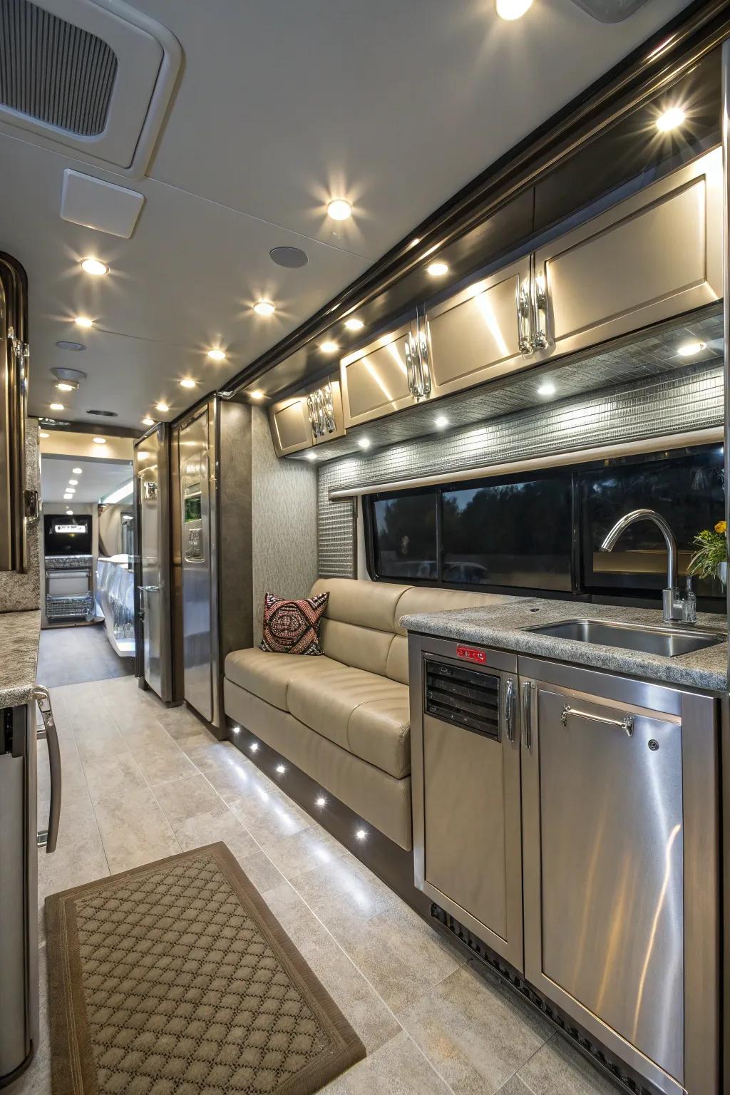Metallic finishes give cabinets a glamorous touch.